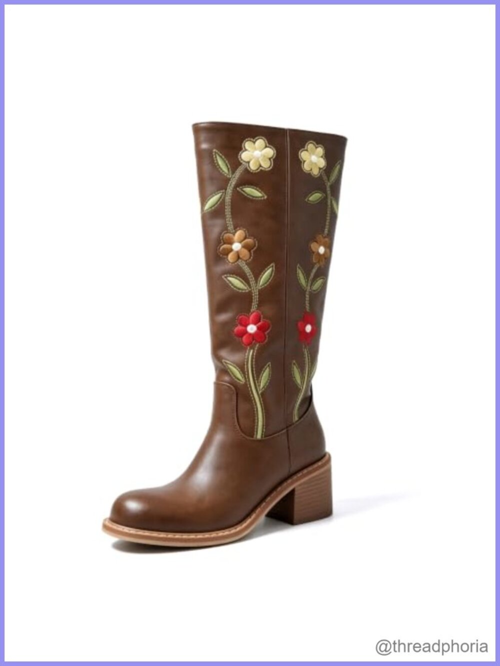 Floral Embroidered Western Cowboy Boots Mid Calf Square Heel Pull On Riding